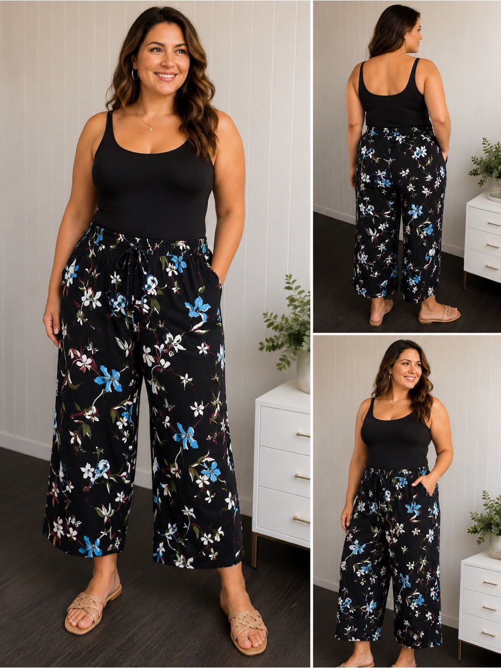 Love  & Legend Floral Wide Leg Cropped Pants Size 18 Black Summer Beachy Boho